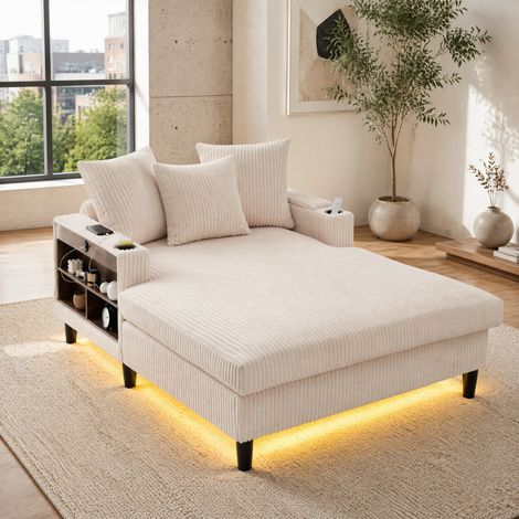 Méridienne 129x170x70 cm beige en velours côtelé avec LED, USB, rangement et porte-gobelets (1/5)