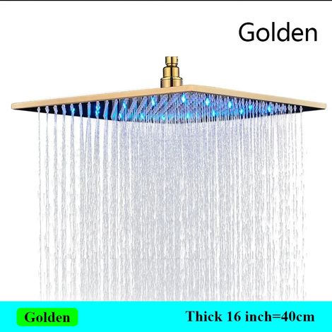 Pommeau de douche noir épais doré de 40 cm (16 pouces) avec éclairage LED et large effet pluie. Robinet de salle de bain chromé avec douchette carrée en acier inoxydable. (1/5)