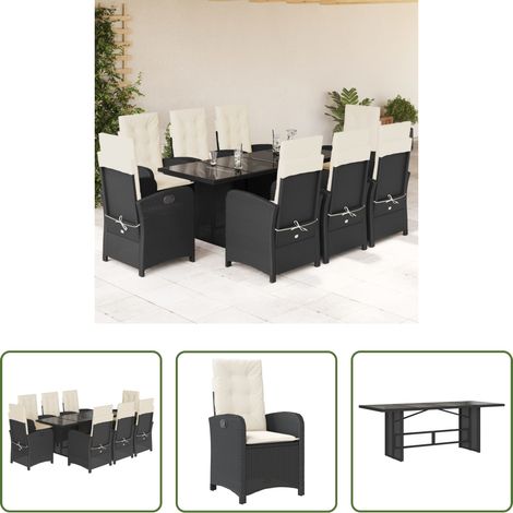 vidaXL Gartenessgruppe - 9-tlg. Garten-Essgruppe mit Kissen Schwarz Poly Rattan (1/5)