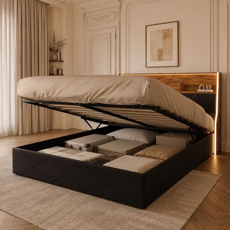 Lit coffre 160x200 cm avec LED RGB, Tête de lit avec Rangement, Rangement Hydraulique et Séparateur en Bois Massif, Sommier à lattes, PU, Noir (1/5)