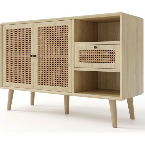 Sideboard aus MDF in Eichenoptik mit 1 Schublade, 2 Rattantüren und schwarzen Griffen (1/5)