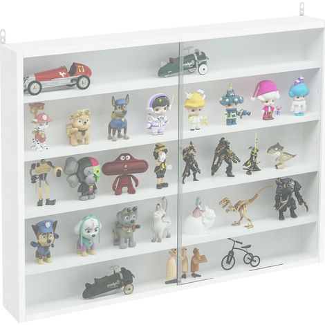 Vitrine murale à 4 étagères réglables, idéale pour exposer des objets de collection. Fabriquée en verre et en panneaux de particules, elle mesure 80 x 9,5 x 60 cm et est blanche.