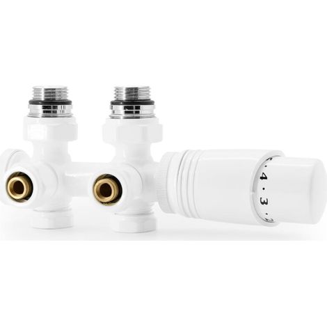 Weißes Universal-Multiblock-Set für Heizkörper, Zentralanschluss mit 50-mm-Thermostatventilen für Heizkörper und Heizung (1/4)