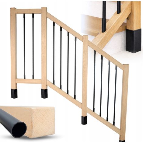 Garde-corps escalier bois hêtre massif avec tubes noirs, fixation latérale avec ferrures