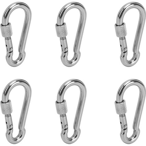 Lot de 6 mousquetons ressort en acier inoxydable, capacité de charge élevée, anneau de porte-clés, maillon de fixation pour camping, diamètre 6 mm (1/5)