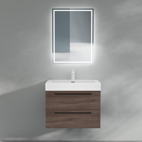 Mai & Mai Meuble de Salle de Bain Chêne 73cm Meuble sous Vasque Quadratto Meuble Suspendu avec Vasque et Miroir (1/5)