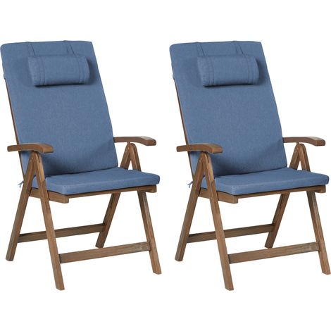 Conjunto de 2 sillas de jardín rústicas de madera de acacia natural ajustables plegables con reposabrazos cojines azules Amantea Premium