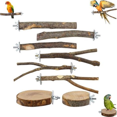 8 pièces - Perchoirs en bois naturel pour oiseaux - Pergola pour perroquet avec fourche - Plateforme suspendue à plusieurs branches - Hamac - Convient aux perroquets et perruches - Couleur claire (1/5)
