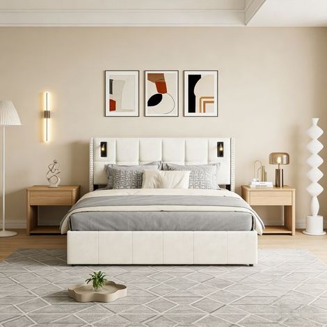 Cama 140 x 190 CM, POCKETPOP, Cabecero con Lámpara de Lectura - Cama Hidráulica con Almacenamiento debajo de la cama
