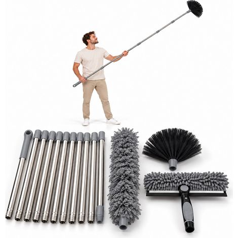 Relaxdays kit plumeau, 3 embouts, manche télescopique 0,8-4 m, lavable, vitres et plafonds, gris (1/5)