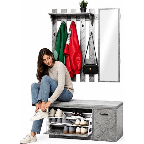 Set Ingresso con Scarpiera e Appendiabiti con Specchio Attaccapanni Grigio Marmo (1/5)