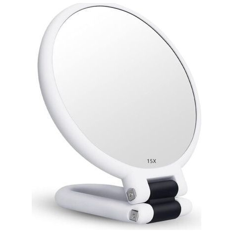 Miroir pliant double face grossissant x15 avec poignée – Verre optique de haute qualité – Idéal pour le maquillage et la coiffure – Argent (1/5)