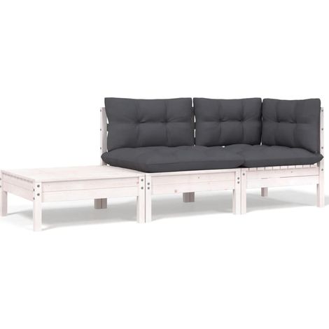 INLIFE Salon de jardin 3 pcs avec coussins Blanc Bois de pin massif (1/5)