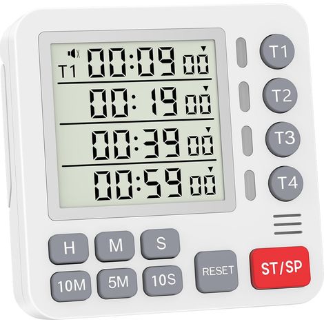 Minuteur 4 canaux Digital Cuisine chronomètre Compte à rebours Croissant décroissant Aimant Support Interrupteur Son Piles AAA, Blanc (1/5)