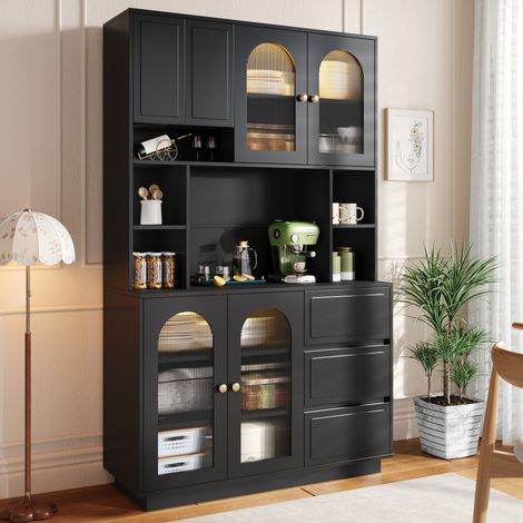 Buffet haut de cuisine 106x30x175 cm, Grand vaisselier avec portes acryliques cintrées, Armoire de rangement avec éclairage LED, Noir (1/5)