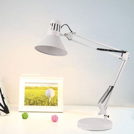 Lampe de bureau LED avec protection oculaire, lampe de table d'architecte en métal, bras pivotant réglable super long pour la lecture,Blanc (1/4)