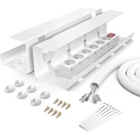 Cable Management Bureau, Cache Grande Capacité, Range Facile à Assembler avec 6Porte-câbles/6Câbles Autocollants (2PCS, Blanc) (1/5)