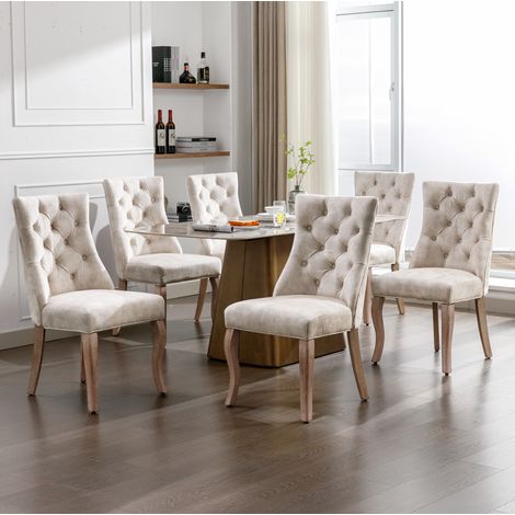 Silla de comedor de terciopelo beige claro, respaldo alto, estructura de madera maciza, 150 kg,51×47×97cm (1/5)