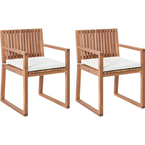 Conjunto de 2 sillas de jardín rústico con cojines madera de acacia certificada lino sintético marrón claro y blanco crema Sassari II