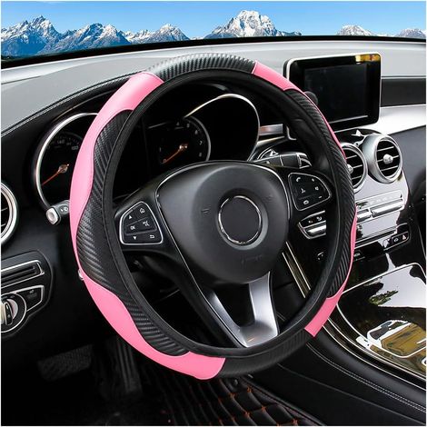 Lenkradbezug für Autos, 15 Zoll elastischer Lenkradschutz aus PU-Leder, Mikrofaser und Kohlefaser, Unisex, rutschfest und atmungsaktiv, für die meisten Autos geeignet (rosa).