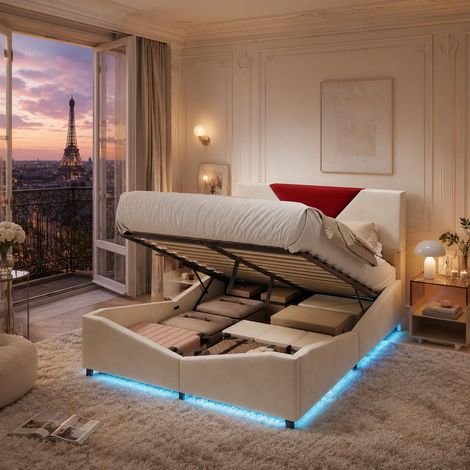 Lit coffre hydraulique 140x190 cm en velours blanc cassé, bandeau LED sous lit (1/5)