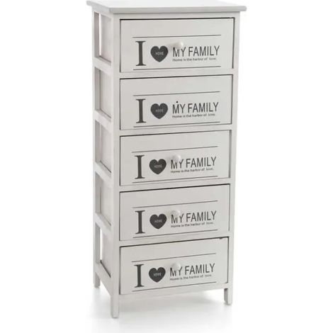 Cómoda de madera blanca con 5 cassetti y decoración "I LOVE MY FAMILY" 40 x 29 x 90
