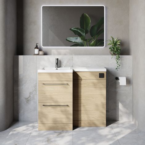 Napoli 390 Light Oak 1000mm 2 Drawer Vanity Unit Toilet Suite with Left Hand Square Lucia Basin - 1000mm - Gunmetal Grey 320mm HandleWithout Kingston Toilet Pan