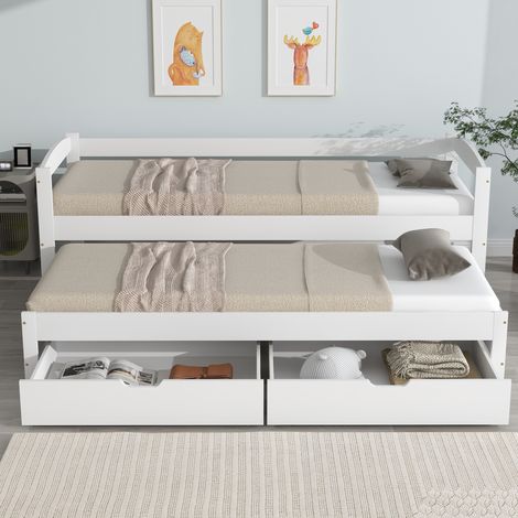 Lit gigogne 90x190/200 cm – avec 2 tiroirs – Cadre en bois blanc –Lit d'invités avec sommier à lattes – Facile à assembler (1/4)
