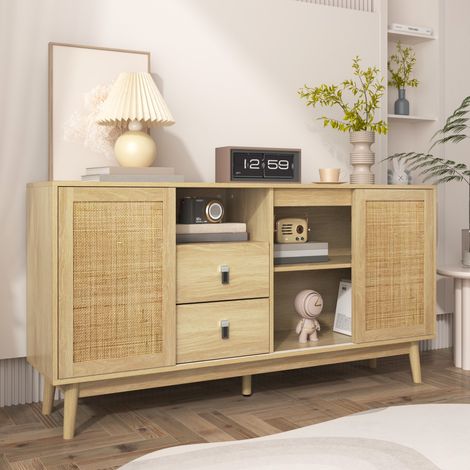 Buffet rotin 3 portes coulissantes & 2 tiroirs 155cm – Enfilade stable et polyvalente – 155x38x80 cm (1/5)