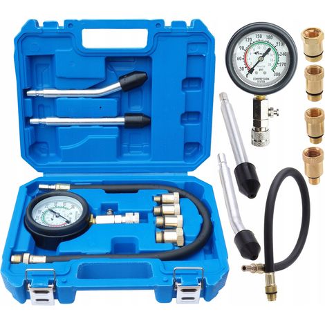 Manomètre testeur de pression compression essence 0-300 PSI – 4 adaptateurs M10/M12/M14/M18 – Tuyau flexible – Raccords rapides
