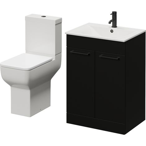 Napoli 460 Matt Black 600mm 2 Door Vanity Unit and Tacoma Comfort Height Toilet Suite with Angel Basin - 600mm - Matt Black 160mm Handle