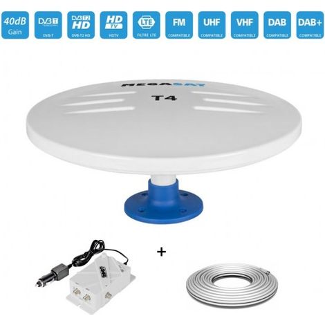 Antenne Omni VHF UHF FM Extérieur T4 HD 40dB 5/12V Blanc + Amplificateur TV 12/24V + Câble Coax 10m - Bateau Caravane Camping Car