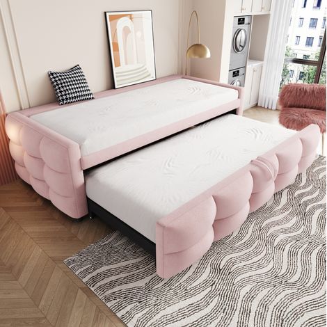 Cama nido 90x190/180x190 cm rosa, tejido teddy con somier de lamas (1/5)