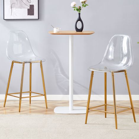 Ensemble de 2 tabourets de bar transparents en acrylique, structure métal argenté/doré/noir, design moderne pour cuisine, bar ou salle à manger (1/4)