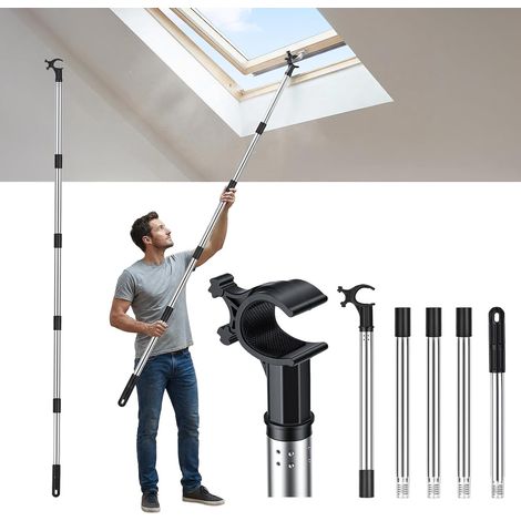 Ouvre perche télescopique en acier inoxydable de 1,87 m pour fenêtres de toit et stores, compatible, ouvre poteau de toit multi parties (1/5)