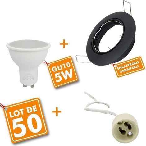 50 Spot LED encastrable complet noir Orientable avec Ampoule GU10 5W Eq 50W  Température de Couleur: Blanc chaud 2700K