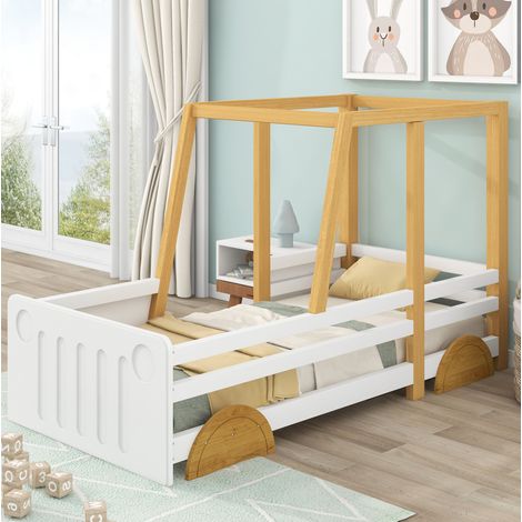 Cama coche 90x200 cm de madera y MDF, blanco y madera, con barandillas, sin colchón – MEUBLIV (1/5)