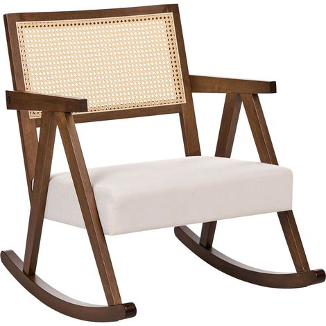 Poltrona a dondolo imbottita con schienale Vienna struttura in legno di gomma tessuto marrone e beige chiaro Rya