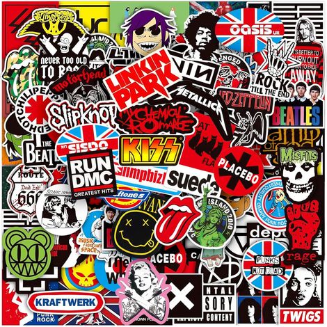 100 autocollants de groupes de rock – Autocollants en vinyle résistants et imperméables représentant des groupes emblématiques Punk, métal et rock2 pièces (1/5)