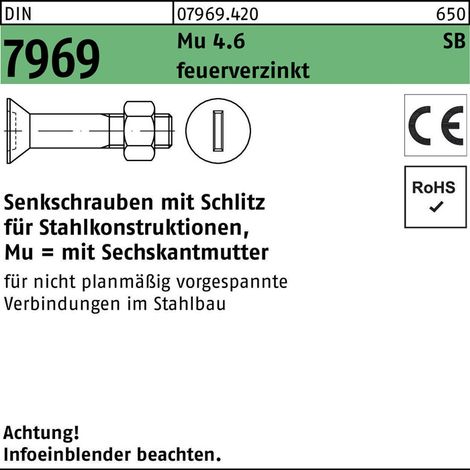 DIN 7969 Senkkopfschraube M16x45 Stahl 4.6 feuerverzinkt Schlitz m. Mutter 50 Stk (1/2)