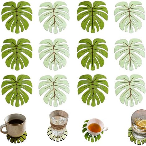 Dessous-de-verre en bois lot de 12 - motifs monstera 11 x 9,5 cm, verts (1/5)