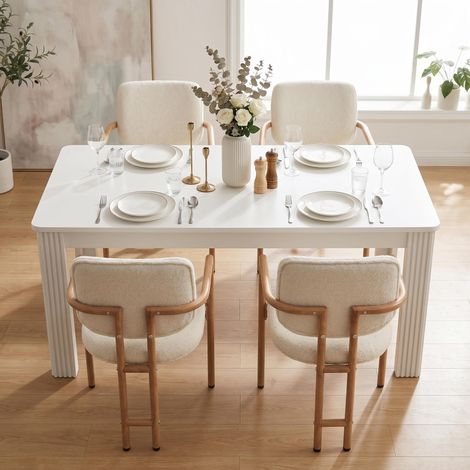FurnitureR Extendable Dining Table Set with 4 Teddy Fleece Chairs, Modern 5 Piece Dining Room Set, Wooden Kitchen Table and Upholstered Armchairs for Home Apartment Dining Area