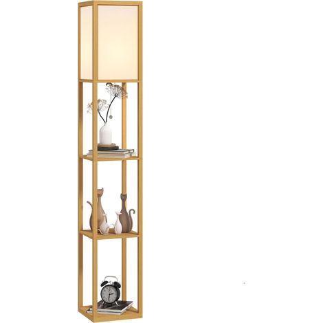 Lampadaire en Bois avec Étagères de Rangement, Douille E27, Lampe de Lecture pour Salon et Chambre, ampoule non incluse (1/5)