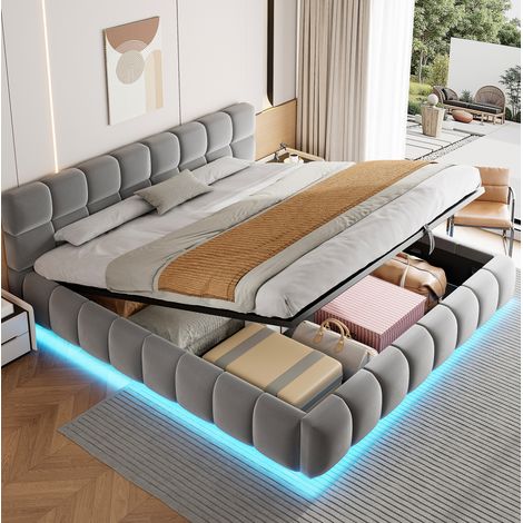 Letto matrimoniale contenitore con LED velluto OKMYHOME (1/5)