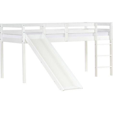 Letto soppalco bambini con scaletta rete a doghe e scivolo cm 90x200 in legno bianco LIT06233