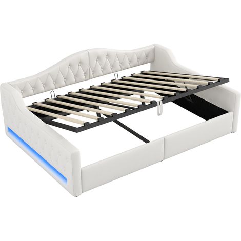 Lit de jour rembourré 140x200 avec bande LED et espace de rangement en dessous, beige (1/5)