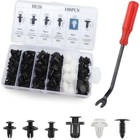 100 Pièces Clips de Fixation Voiture avec Remover,Six Types Rivet Plastique pour Voiture SUV Camion,Accessoire Voiture Clips Voiture pour Voiture Pare-Chocs Capot Porte (1/5)
