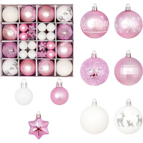 Lot de 42 petites boules de Noël en plastique incassable à suspendre pour sapin de Noël, fêtes, mariage (rose blanc) (1/5)