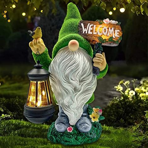 Grande statue de nain de jardin en résine floquée avec lampe solaire tenant une lanterne de bienvenue, décoration de jardin, sculpture naine pour extérieur, terrasse, porche, pelouse