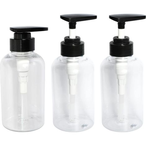 Lot de 3 distributeurs rechargeables 300 ml transparents, pour shampoing, gel douche ou savon liquide, cuisine/salle de bain (1/5)